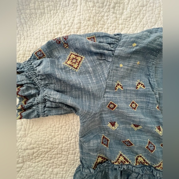 Free People Tallulah Embroidered Crop Peasant Top Blouse Blue M - Picture 5 of 11